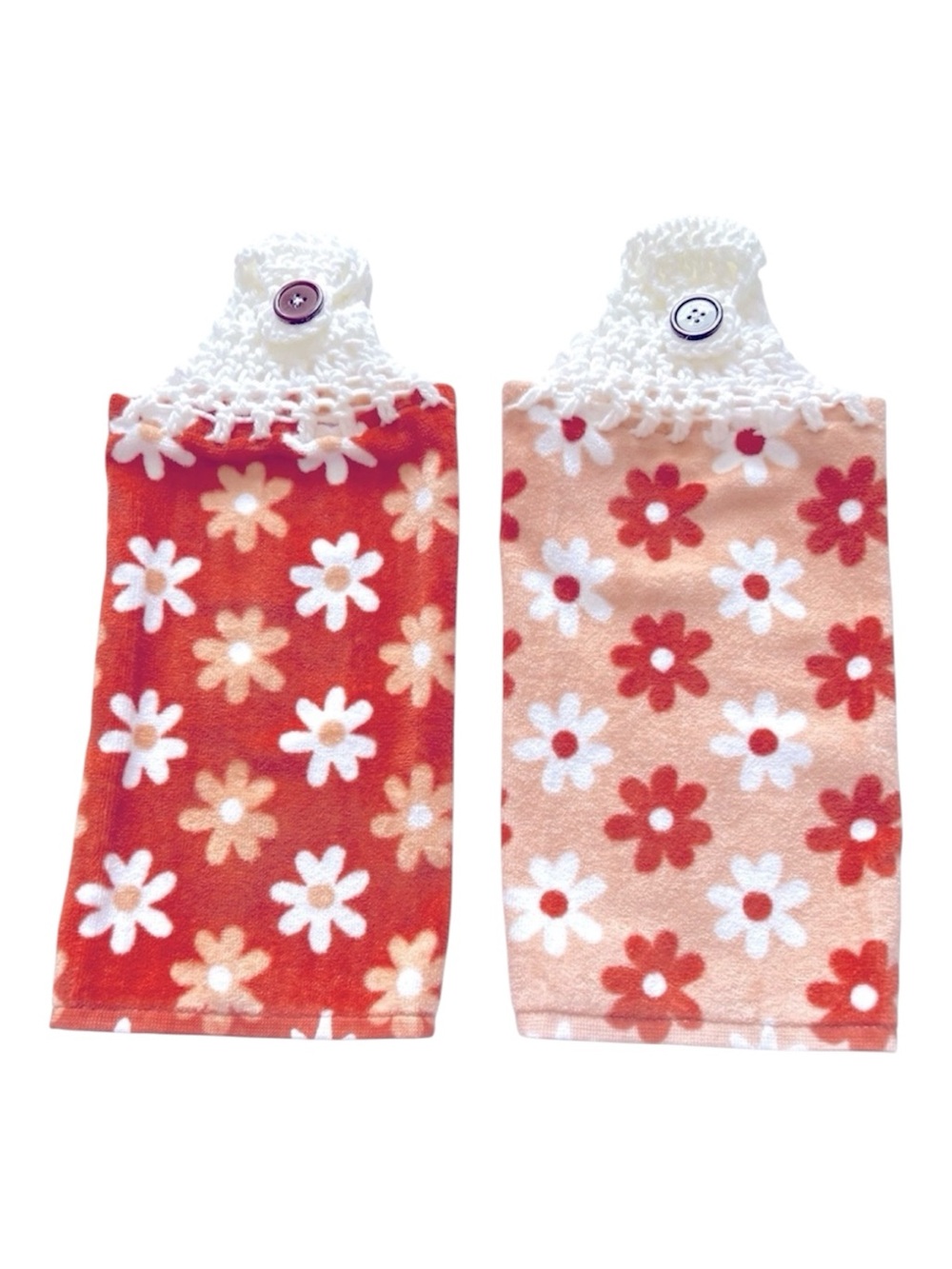 Hand Crafted Colorful Floral Retro Hanging Hand Towels Crochet Top Button Close